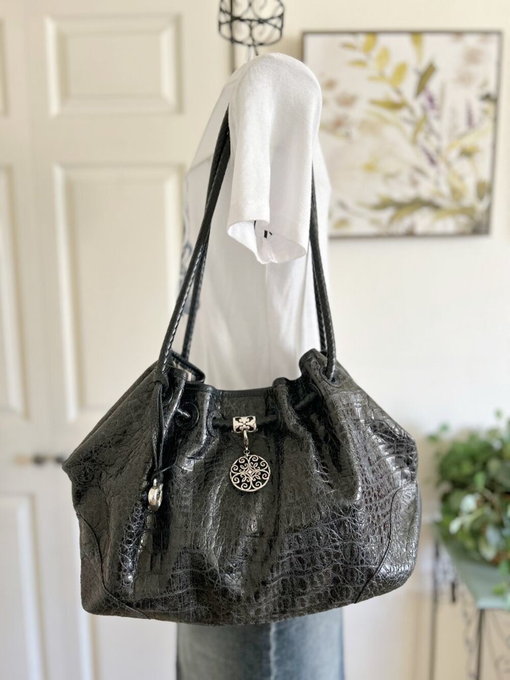 Brighton Black Croc-Embossed Shoulder Bag with Silver Medallion